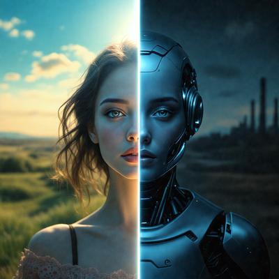 The primary subject of the image is a woman with long hair, who is wearing a dress. She is standing in a field with a blue sky in the background. The visual style of the image is digital art, as it appears to be a painting or drawing of a woman with a futuristic robotic head. The colors and mood of the image are predominantly blue, creating a calm and serene atmosphere.